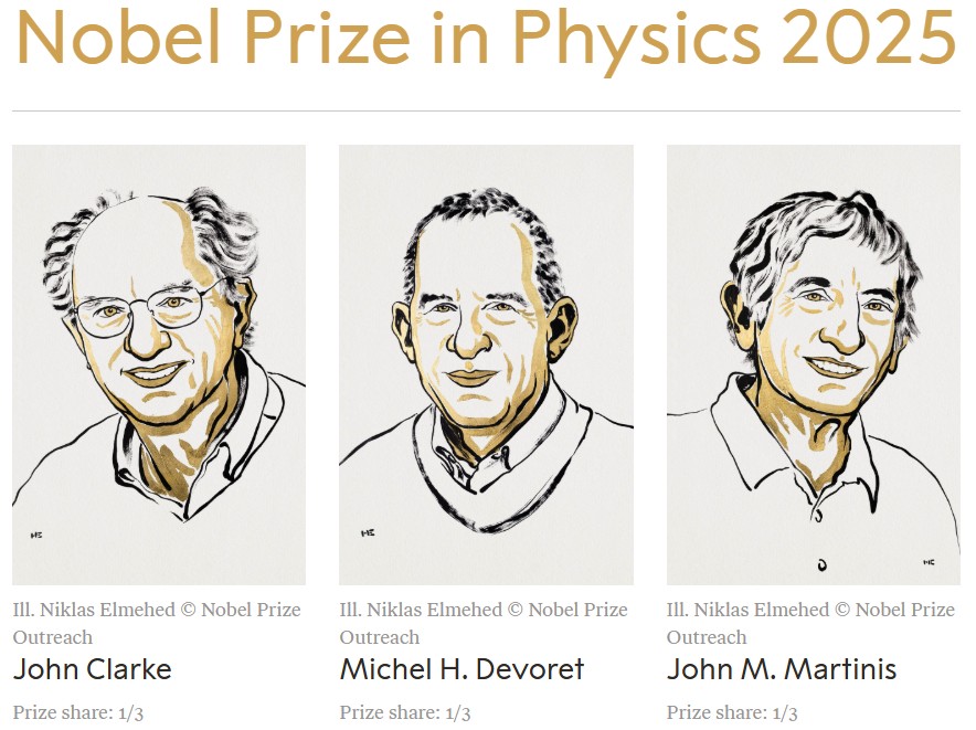 Illustrations of John Clarke, Michel H. Devoret, and John M. Martinis, announced as 2025 Nobel Prize in Physics laureates for their quantum advances, each awarded a one-third share of the prize.
