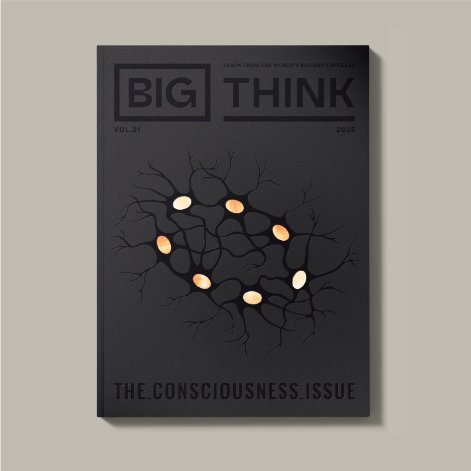 A black magazine cover titled "BIG THINK" features a neural network illustration with glowing nodes and the text "THE CONSCIOUSNESS ISSUE" at the bottom.