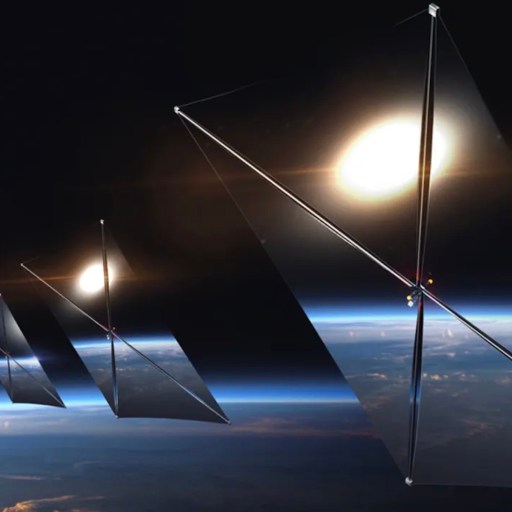 A series of solar sail spacecraft harvest solar power at night, floating above Earth's atmosphere with the sun shining in the background.