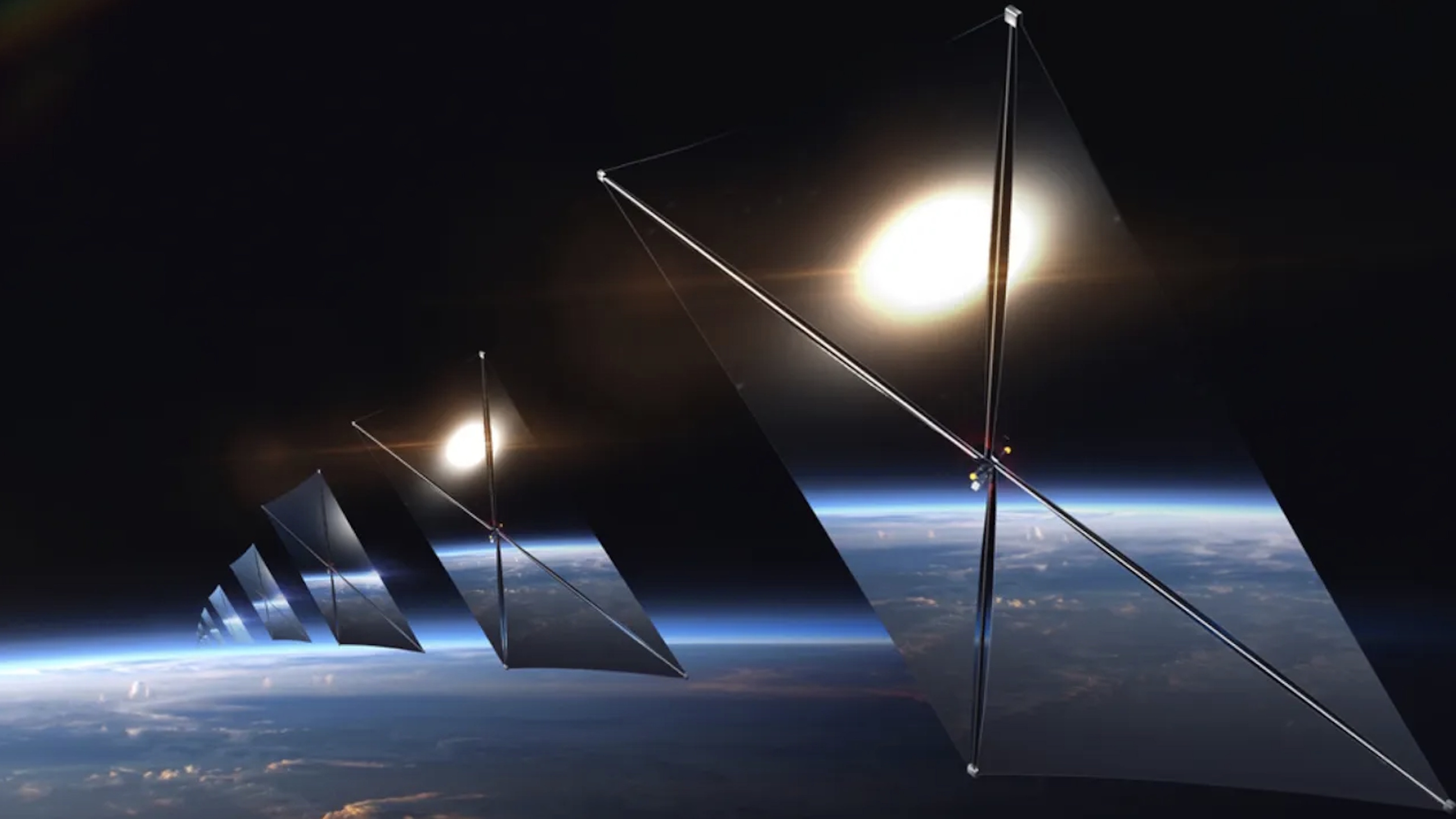 A series of solar sail spacecraft harvest solar power at night, floating above Earth's atmosphere with the sun shining in the background.