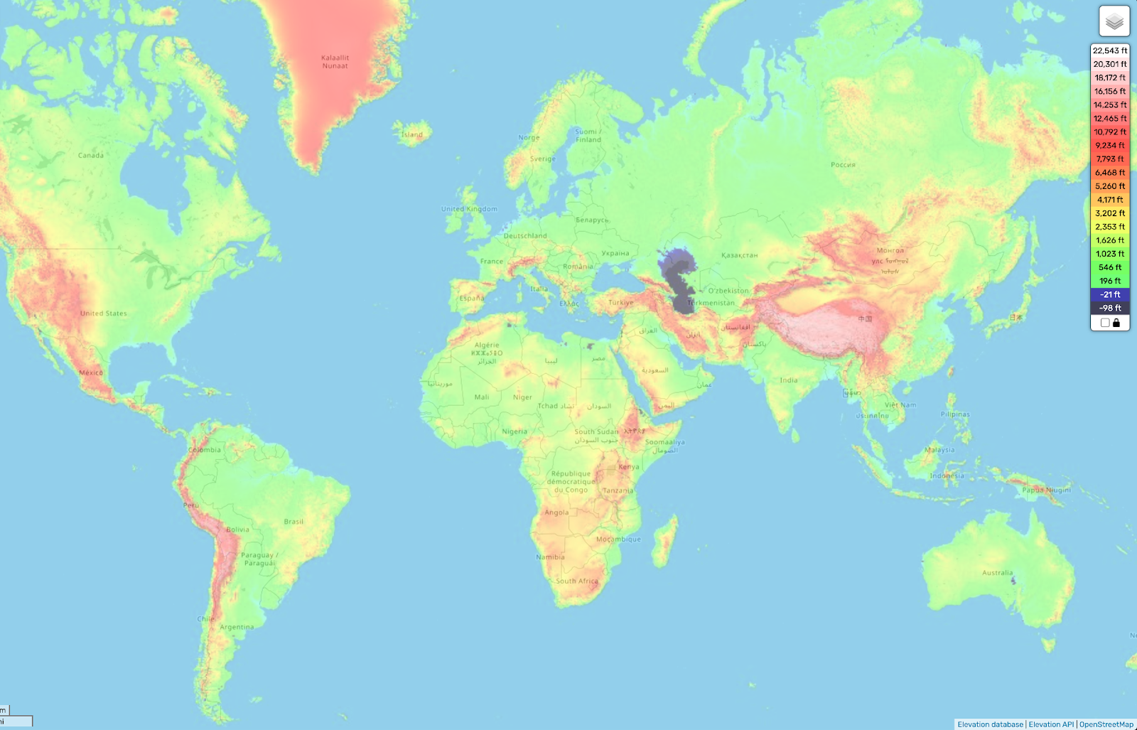 World map showing elevation. Higher elevations are marked in red and pink, while lower elevations are in blue and green. A color scale indicates elevation in meters on the right.