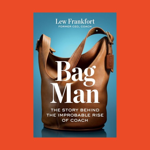 Book cover for "Bag Man" by Lew Frankfort, featuring a brown leather Coach handbag against a blue background with Lew Frankfort’s name in bold white text.
