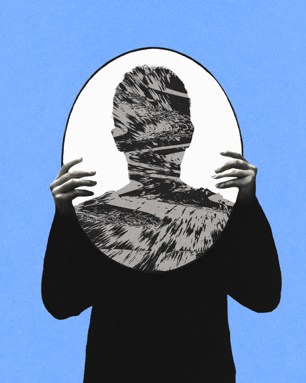 A person holds an oval mirror in front of their face against a blue background, with their reflection appearing abstract and distorted, evoking the surreal influence of ai on self-perception.