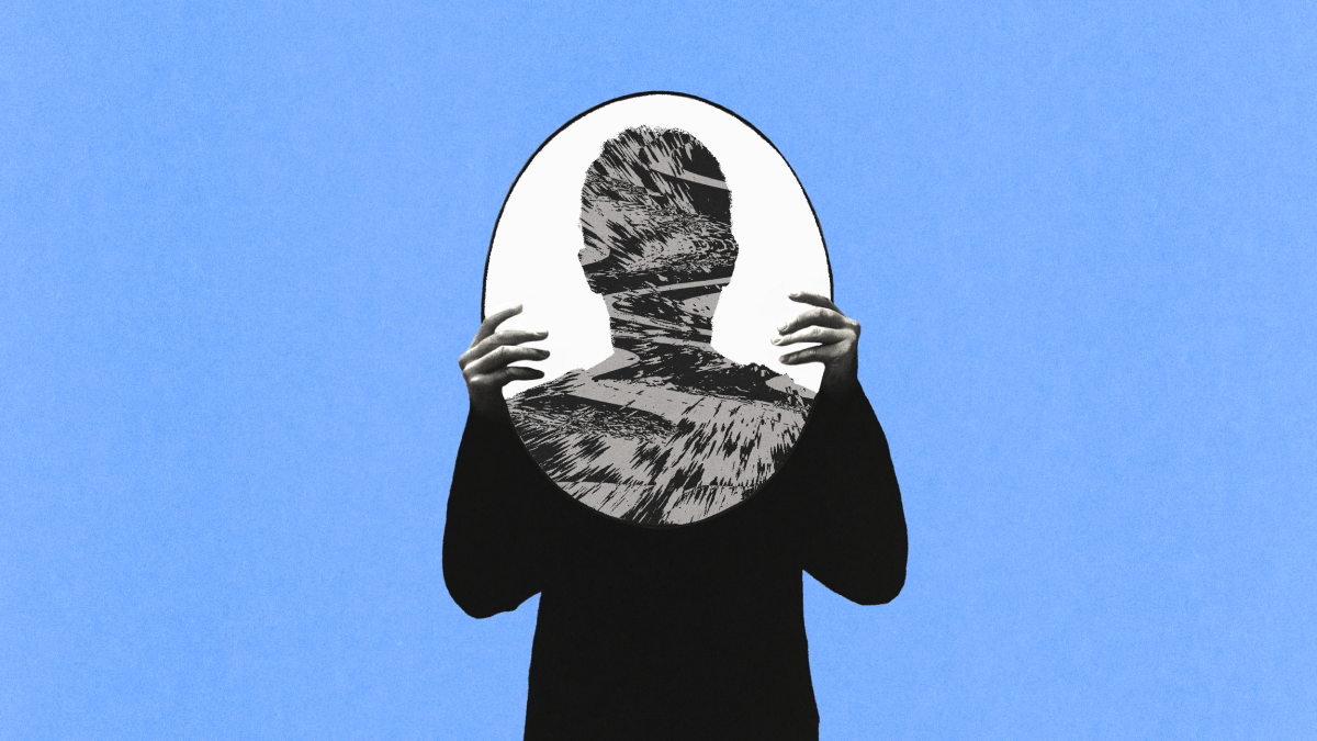 A person holds an oval mirror in front of their face against a blue background, with their reflection appearing abstract and distorted, evoking the surreal influence of ai on self-perception.