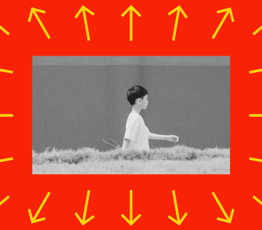 A black-and-white photo of a person walking in profile, centered on a red background with multiple yellow arrows pointing outward in all directions—a striking design inspired by modern China.