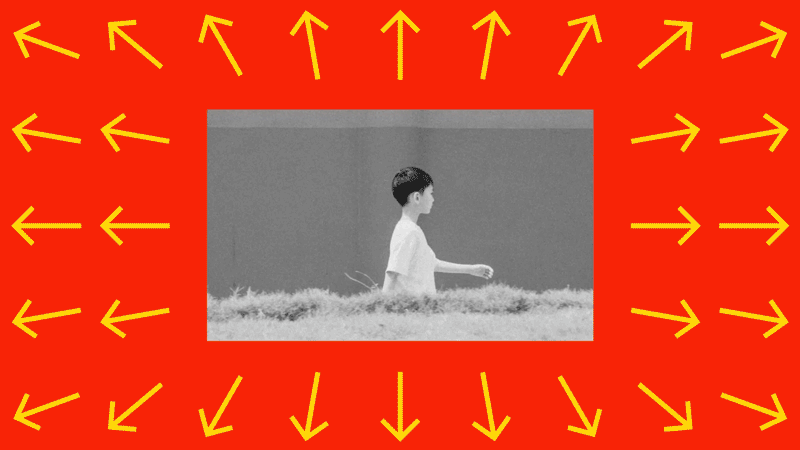 A black-and-white photo of a person walking in profile, centered on a red background with multiple yellow arrows pointing outward in all directions—a striking design inspired by modern China.