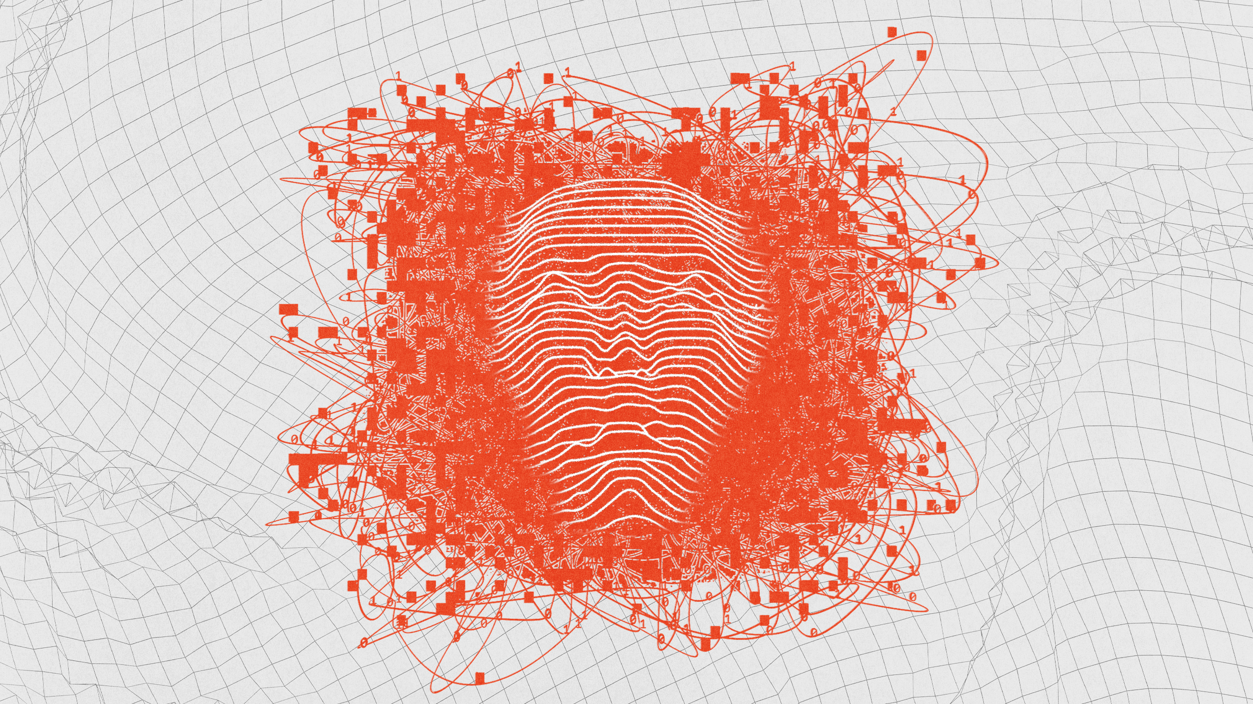 A stylized orange and white face-like shape composed of wavy lines and interconnected geometric patterns on a grid background.