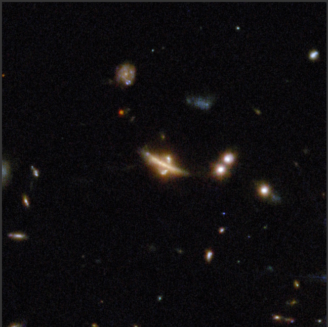 A dark space scene showing several glowing galaxies and bright spots scattered across the image, reminiscent of COSMOS-Web JWST observations and the mysterious patterns created by gravitational lens effects.