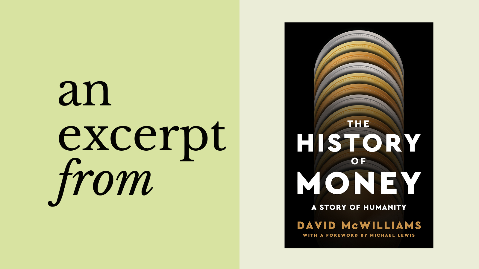 Cover of the book "The History of Money" by David McWilliams, shown beside the text "an excerpt from" on a light green background, with subtle Fibonacci-themed details adding a mathematical touch.