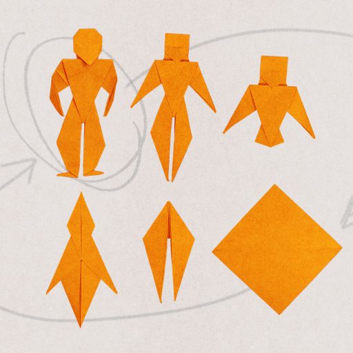 Six orange origami shapes on a light background, with hand-drawn arrows connecting them to illustrate a progression or transformation—evoking themes of change and even human extinction.