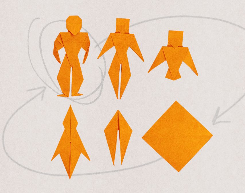 Six orange origami shapes on a light background, with hand-drawn arrows connecting them to illustrate a progression or transformation—evoking themes of change and even human extinction.