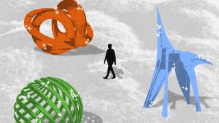 A silhouette of a person walks among three large abstract sculptures—one orange, one green, one blue—on a textured gray and white ground, creating a scene of art immersion.