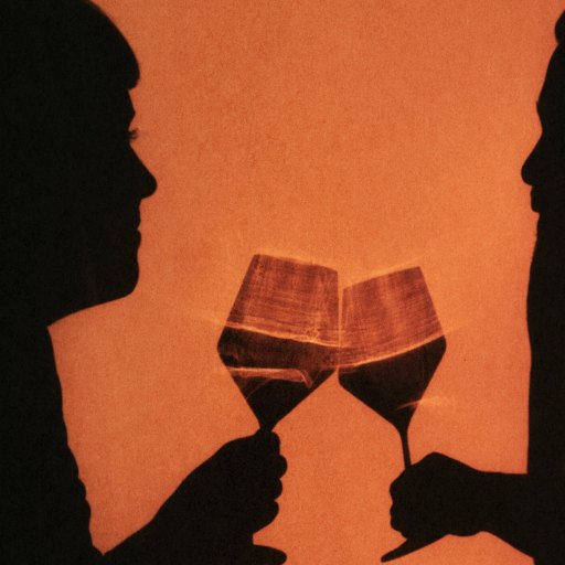 Silhouettes of two people facing each other, clinking wine glasses against an orange background, sharing a lighthearted, possibly drunk moment.