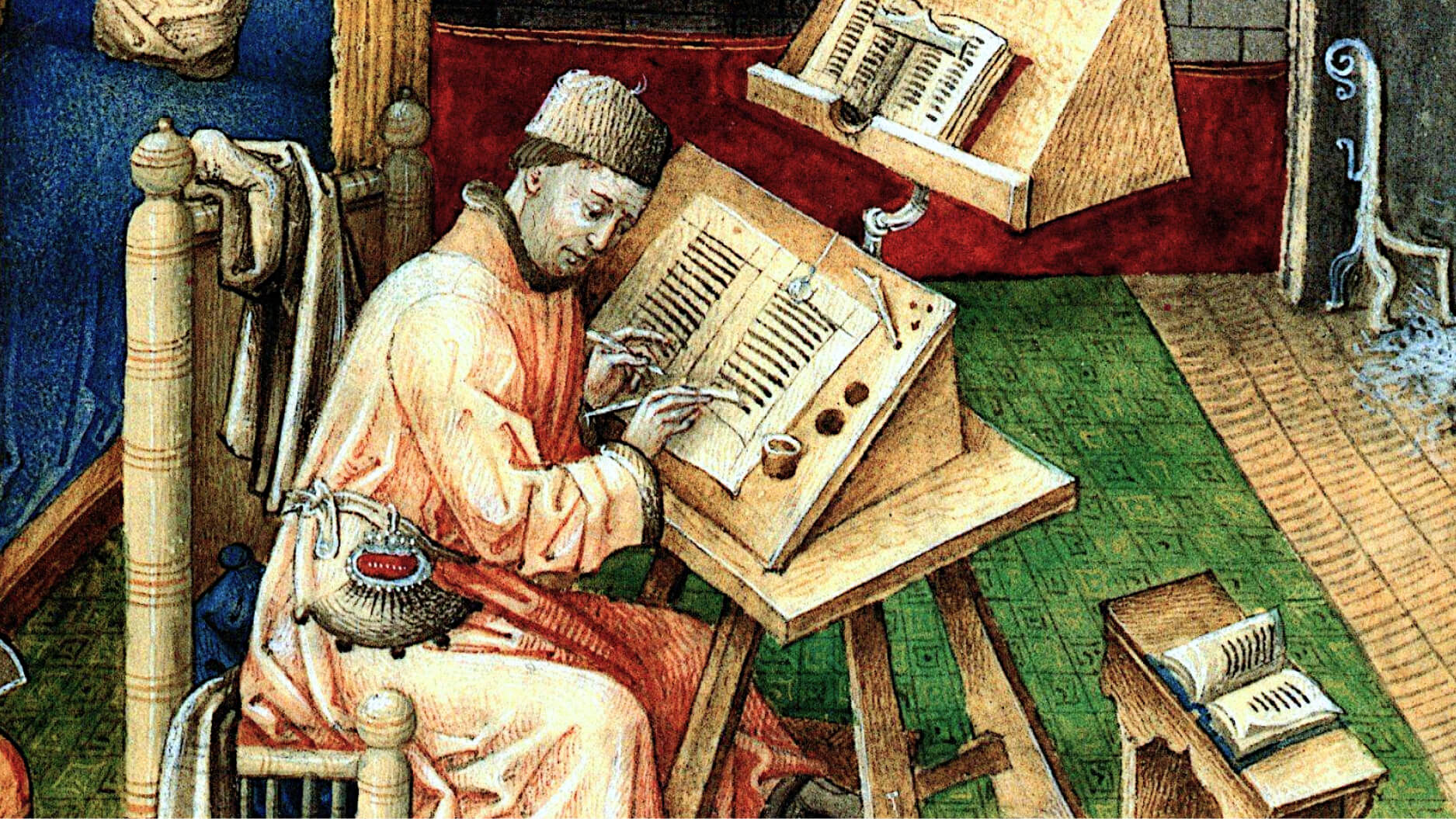A medieval scribe sits at a desk, writing in a manuscript with quill and ink, surrounded by open books and a basket holding writing supplies.