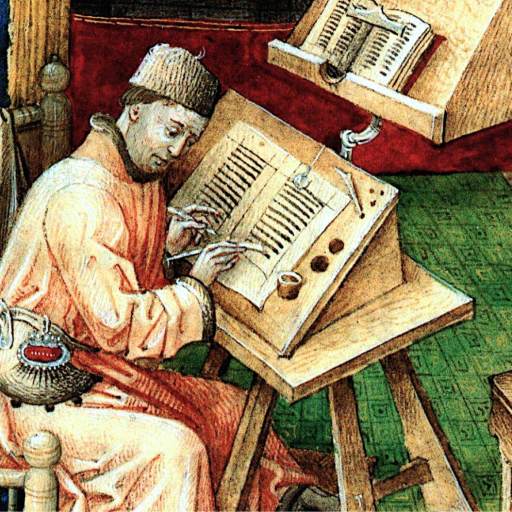A medieval scribe sits at a desk, writing in a manuscript with quill and ink, surrounded by open books and a basket holding writing supplies.
