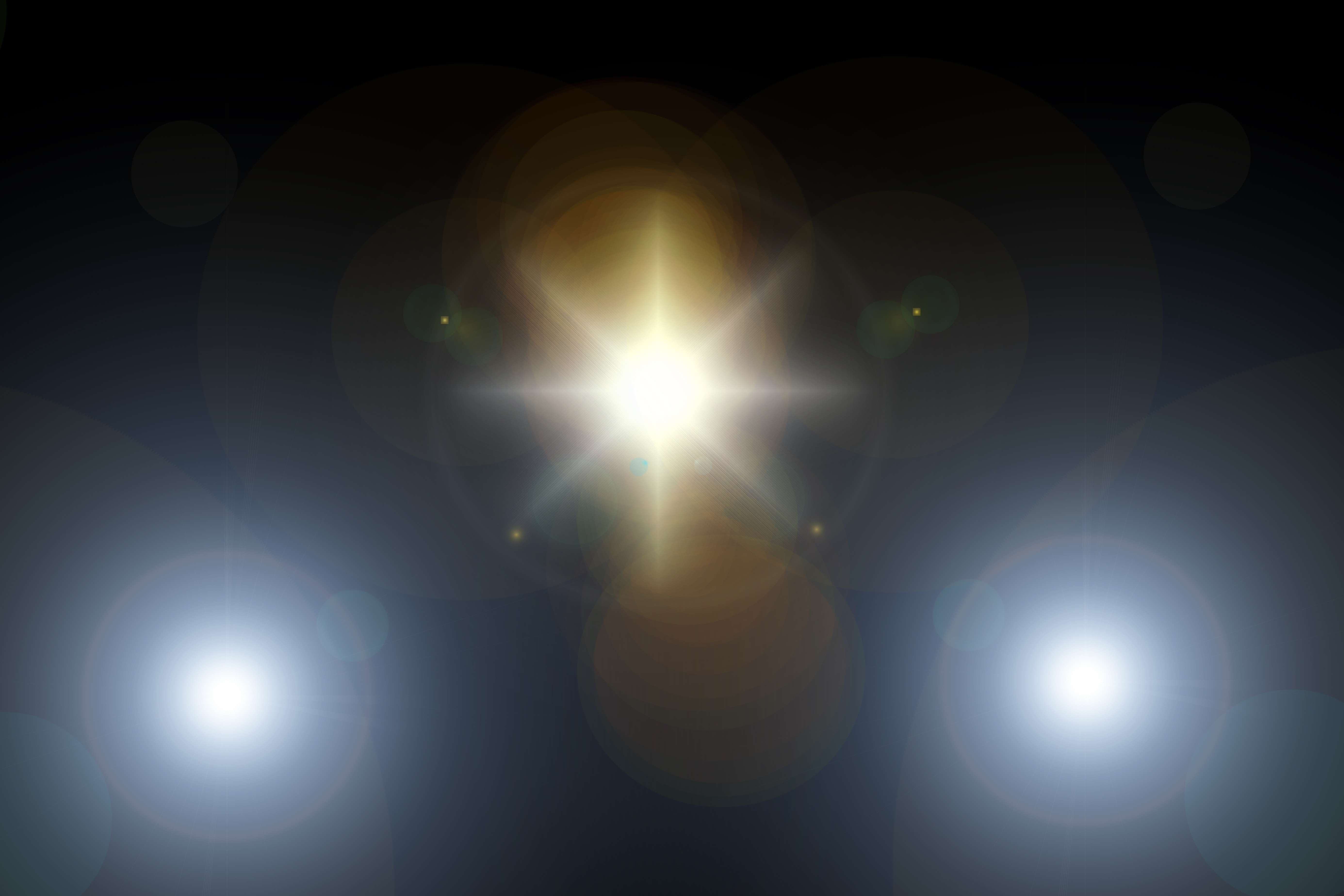 A bright star-like light with lens flare effects glows at the center, evoking the concept of solar power at night, while two smaller, circular blue lights illuminate each side at the bottom against a dark background.