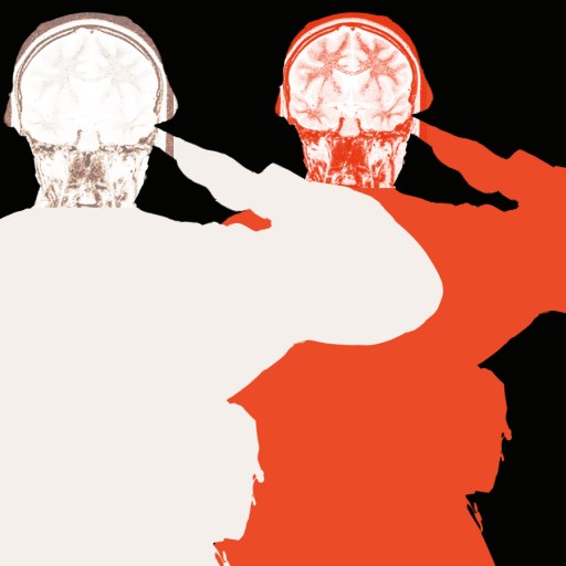 Two figures in military gear salute, rendered in white and red with visible brain scans over their heads, set against a black background—a striking nod to the neuroscience of war.