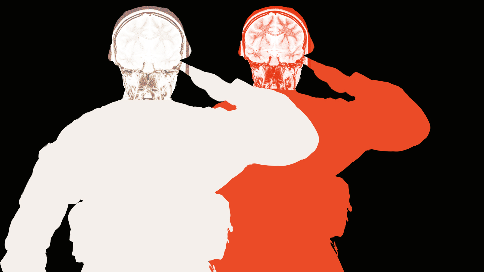 Two figures in military gear salute, rendered in white and red with visible brain scans over their heads, set against a black background—a striking nod to the neuroscience of war.