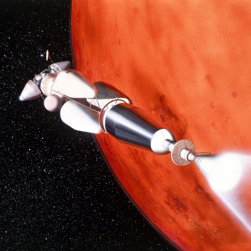 A spacecraft with bright engine exhaust approaches Mars, depicted with its reddish surface and a large crater visible.