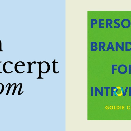 On the left, text reads "an excerpt from" on a pale blue background; on the right is Goldie Chan’s book cover for "Personal Branding for Introverts.