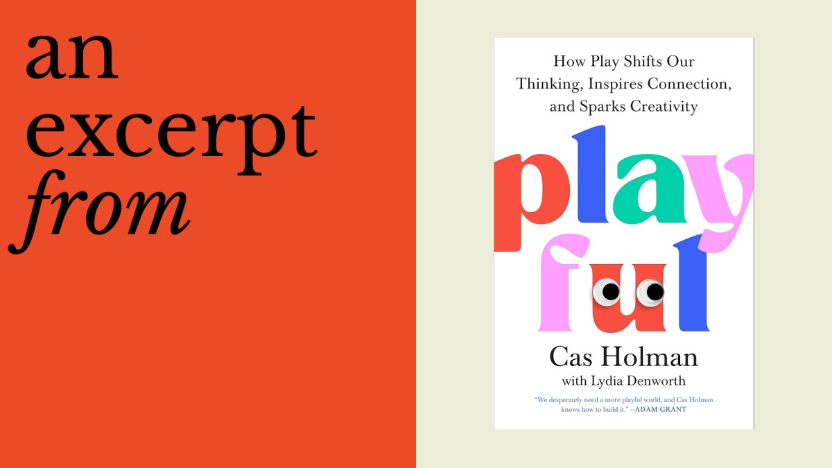 The image features the phrase "an excerpt from" on a red background next to the book cover of "Playful" by Cas Holman with Lydia Denworth, highlighting insights from play research.