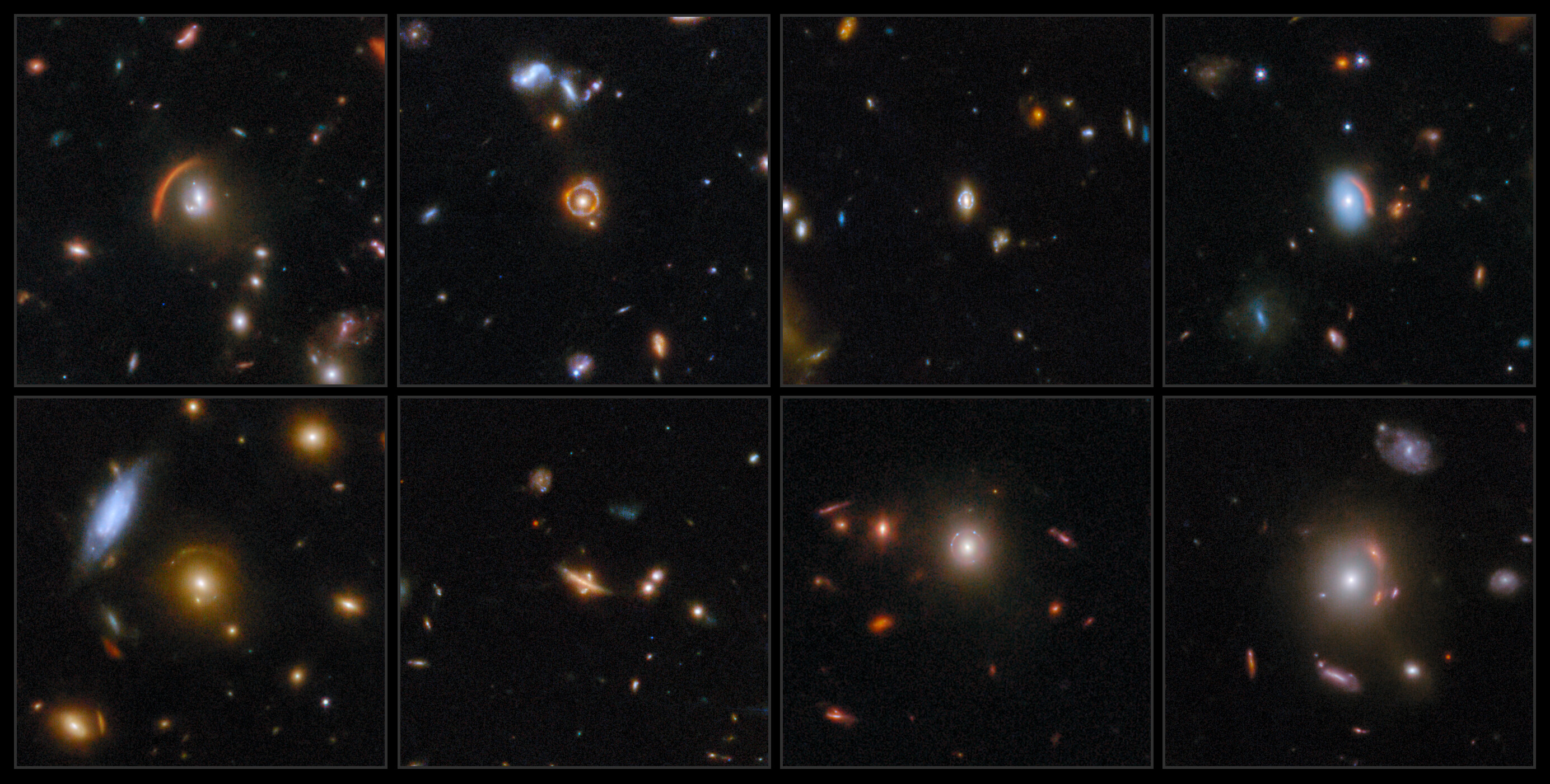 A grid of eight separate images from the COSMOS-Web survey shows distant galaxies and galaxy clusters, some distorted by gravitational lens effects, with various shapes and colors against a dark space background.