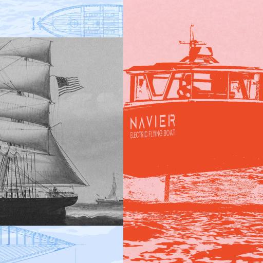 Split image showing a vintage sailing ship with an American flag on the left and a modern electric boat labeled "Navier" on the right, both on the water with blueprint sketches in the background.