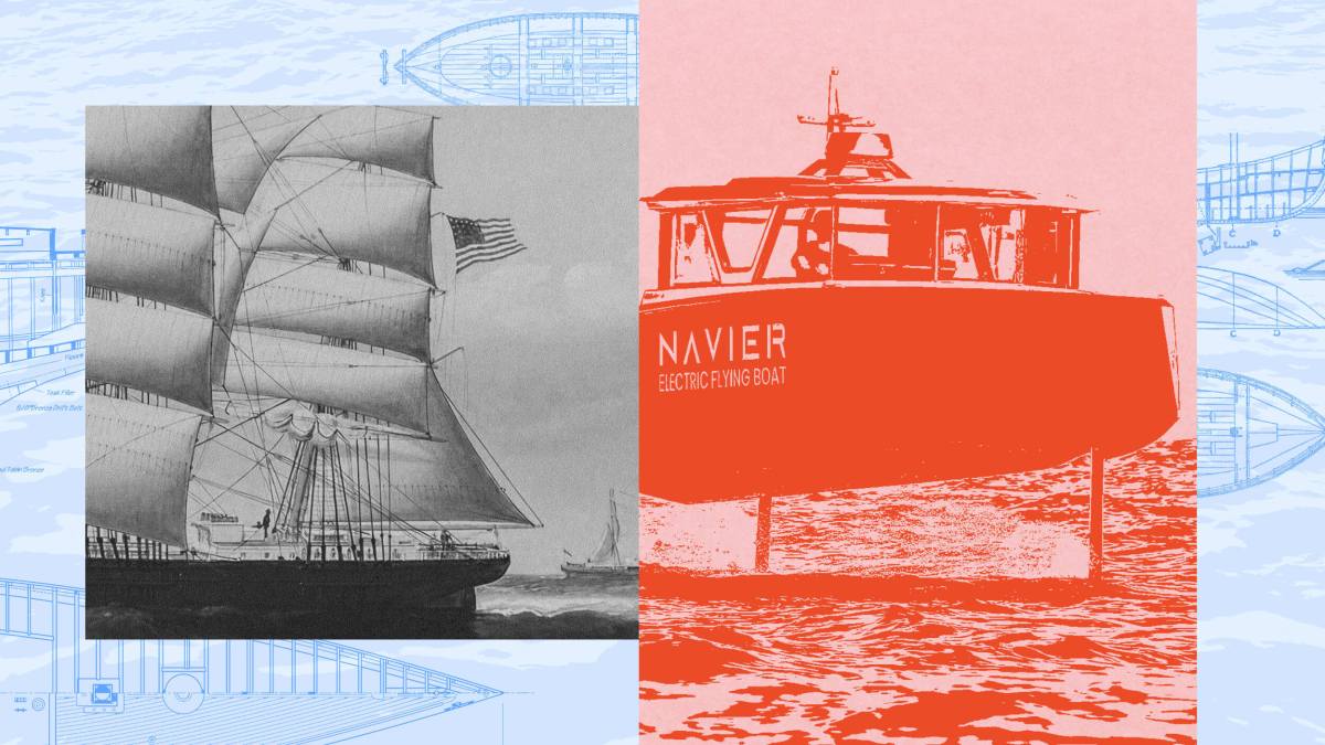 Split image showing a vintage sailing ship with an American flag on the left and a modern electric boat labeled "Navier" on the right, both on the water with blueprint sketches in the background.