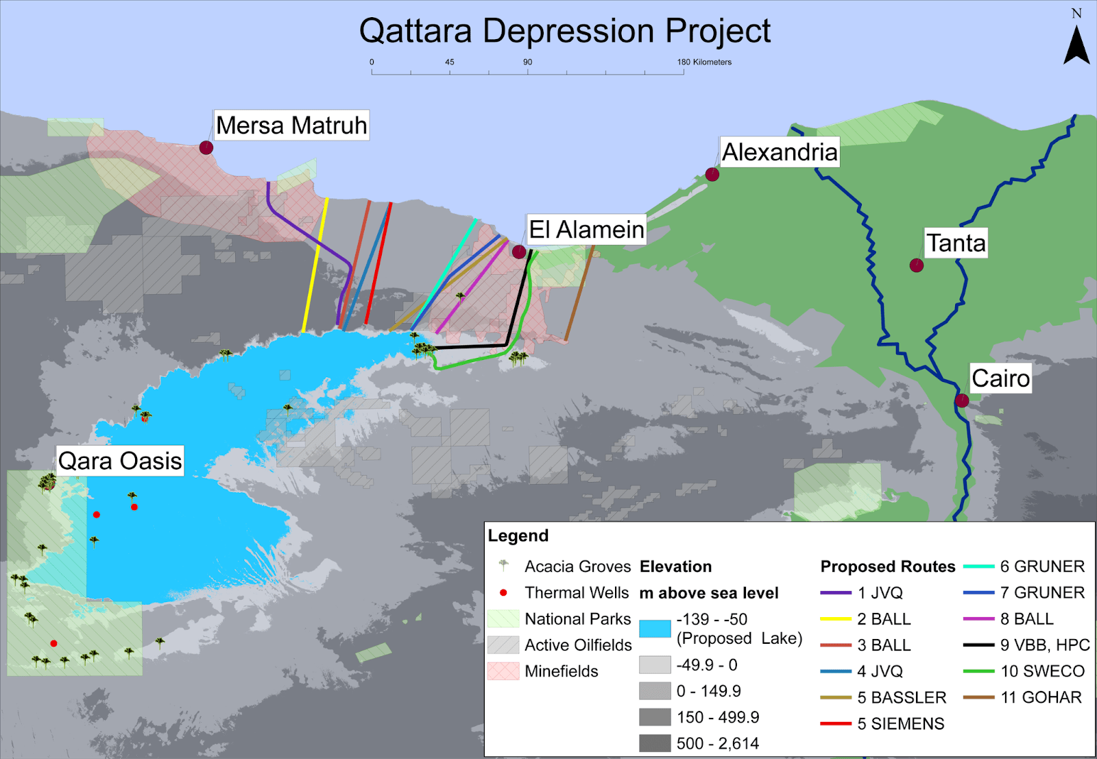 Map of the Qattara Depression Project in Egypt, showing proposed routes, cities, elevation, oilfields, minefields, national parks, and thermal wells.