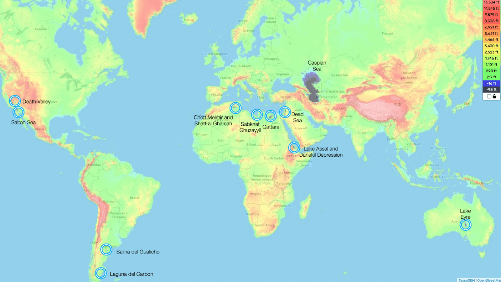 A world map shows the locations of Earth's lowest land points, marked with blue circles and labeled with their names and relative elevations.