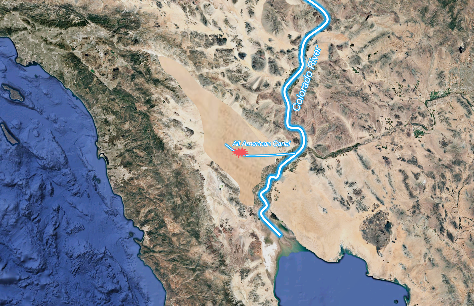 Satellite map showing the All-American Canal in southeastern California, near the Colorado River and the border with Mexico.