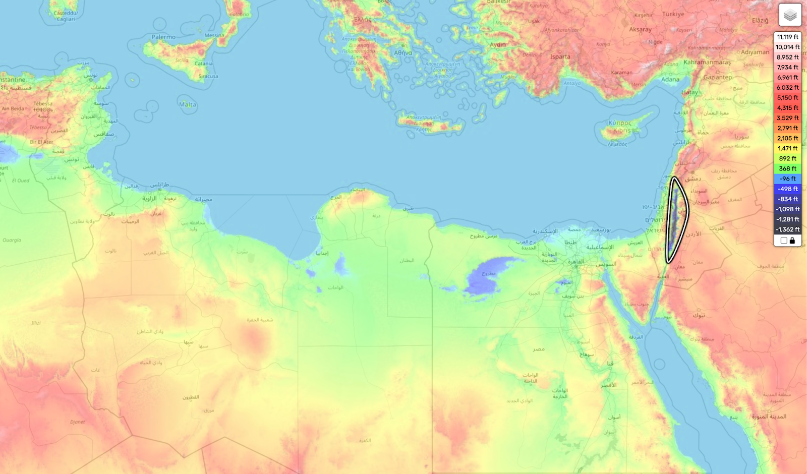 Topographic map highlighting Israel and its surroundings, showing elevation changes in the eastern Mediterranean and North Africa region using a color gradient.