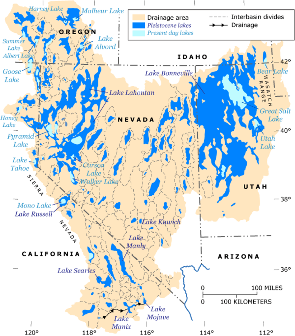 Map of the western United States showing drainage areas, present-day lakes, and Pleistocene lakes across parts of California, Nevada, Oregon, Idaho, Utah, and Arizona.