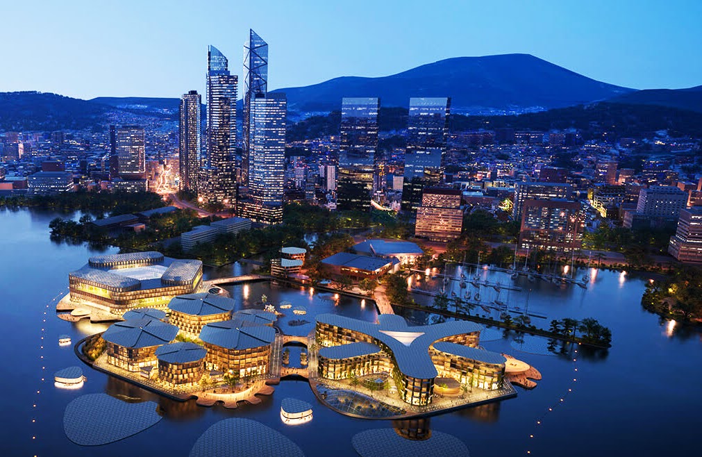 A futuristic cityscape at dusk with modern skyscrapers, mountains in the background, and illuminated floating buildings on a waterfront.