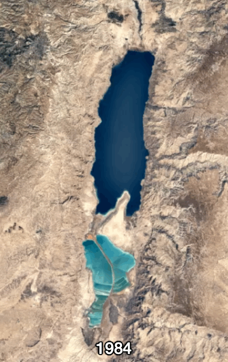 Animated satellite images from 1984 to 2019 showing the shrinkage of the Dead Sea, with the water area decreasing and exposed land increasing over time.
