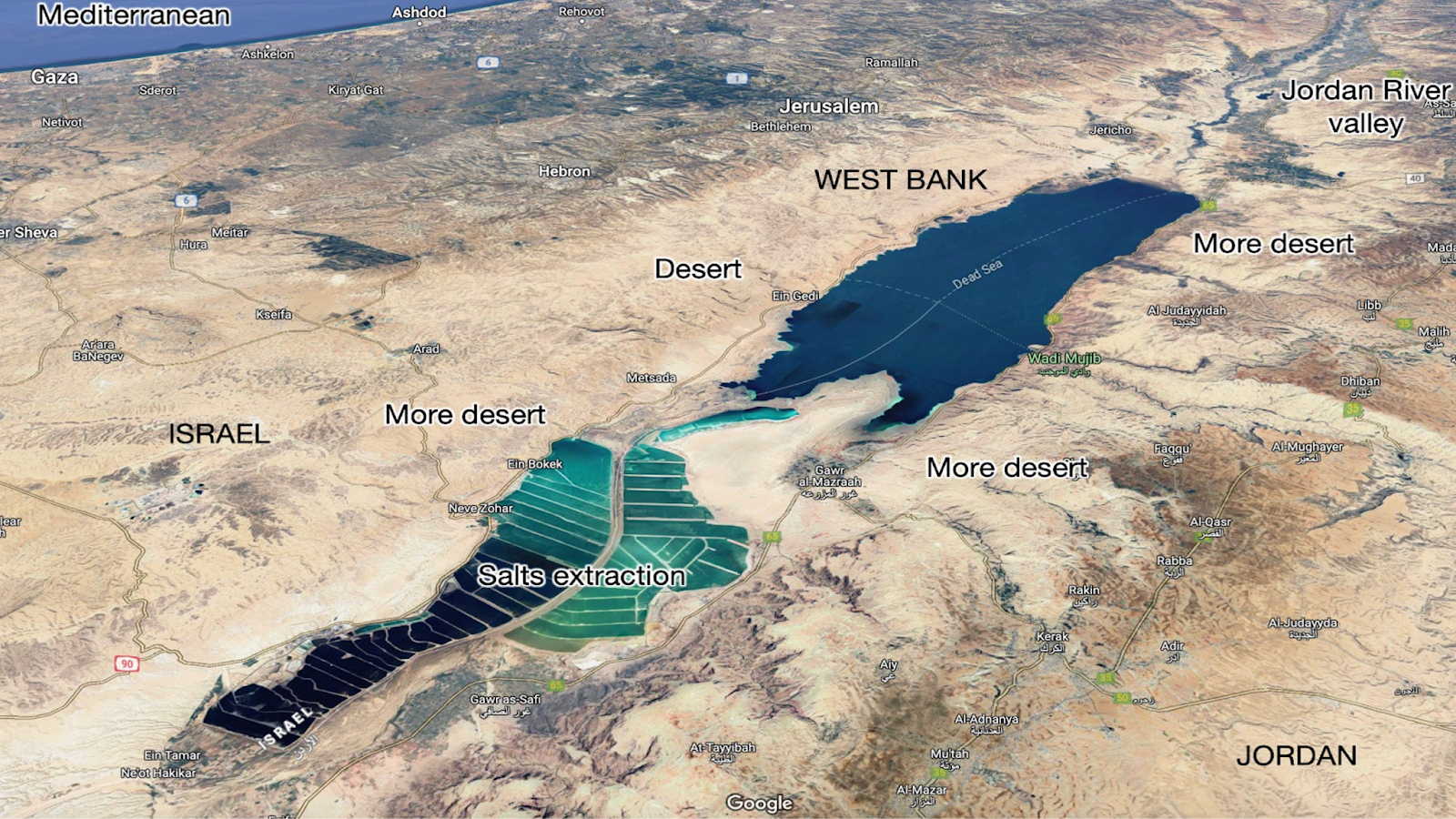 A satellite view shows the Dead Sea bordered by Israel, the West Bank, and Jordan, with labeled areas including salt extraction zones, deserts, and the Jordan River valley.