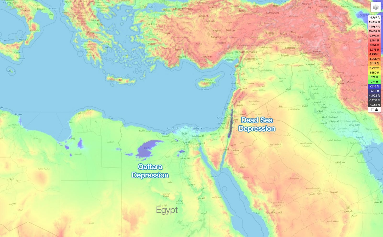 Topographic map of the eastern Mediterranean region highlighting the Qattara Depression in Egypt and the Dead Sea Depression near Israel and Jordan, with elevation shown by color scale.