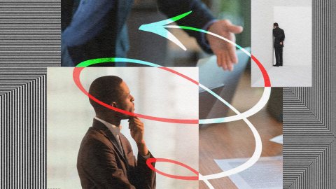 A collage featuring Andrew Markell thinking at a desk, a close-up of a handshake, and a person standing alone, overlaid with swirling red and green arrows.