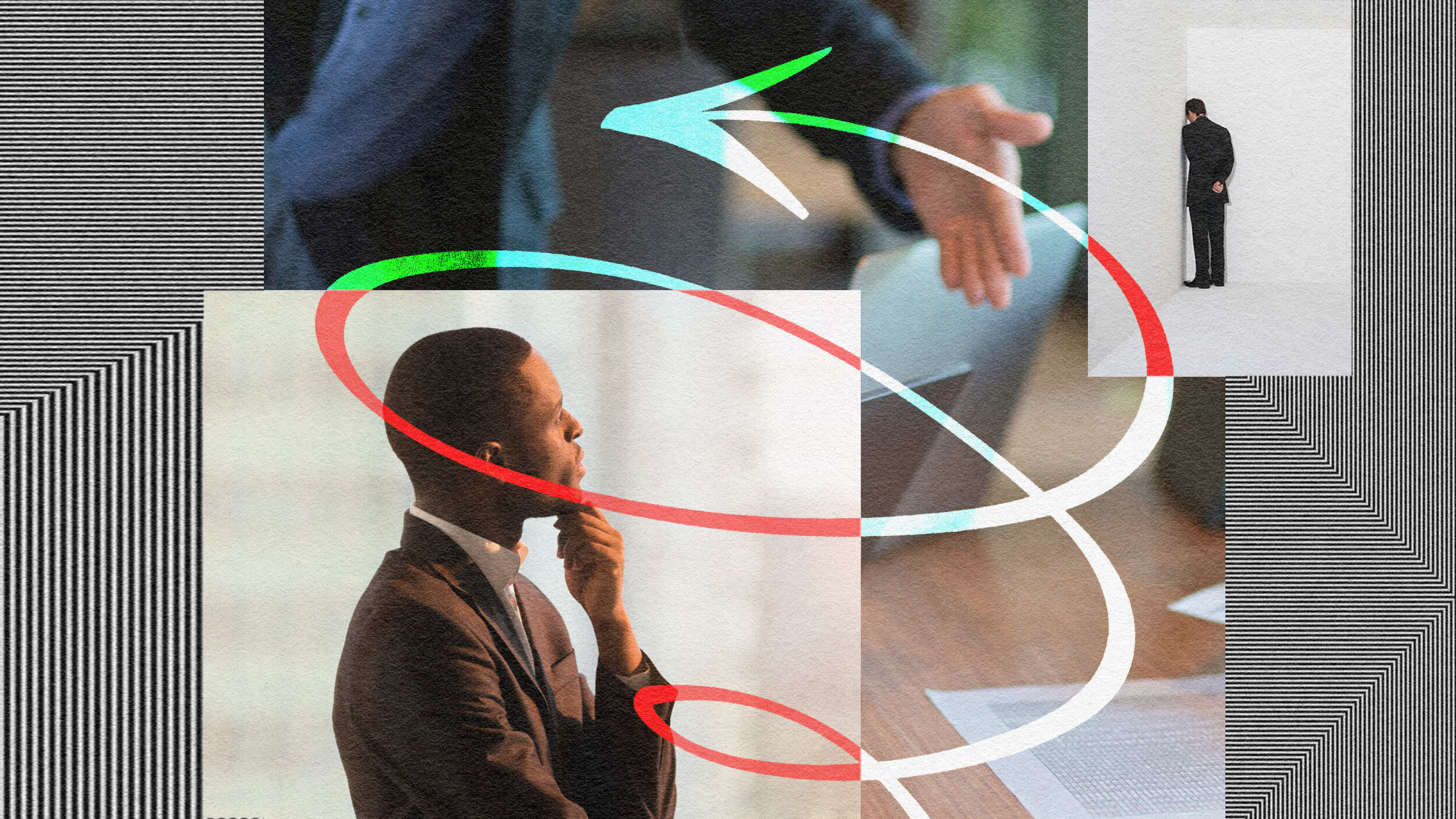 A collage featuring Andrew Markell thinking at a desk, a close-up of a handshake, and a person standing alone, overlaid with swirling red and green arrows.