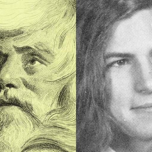 A split image showing a detailed drawing of a bearded man on the left and a black-and-white portrait of a young Steve Jobs with long hair on the right.