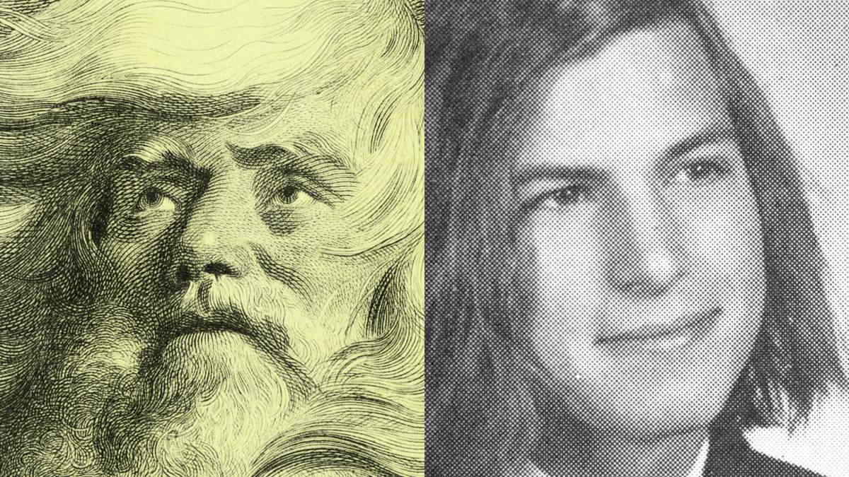 A split image showing a detailed drawing of a bearded man on the left and a black-and-white portrait of a young Steve Jobs with long hair on the right.