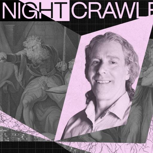 A grayscale portrait of a smiling man is overlaid on classical artwork with pink and black graphic elements, evoking a sense of desire. The text at the top reads "THE NIGHT CRAWLER.