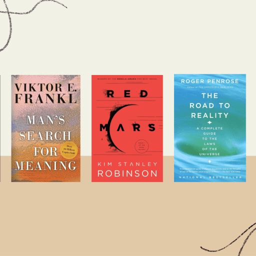 Five books are displayed upright in a row: "Gödel, Escher, Bach," "Man’s Search for Meaning," "Red Mars," "The Road to Reality," and "The Structure of Scientific Revolutions.