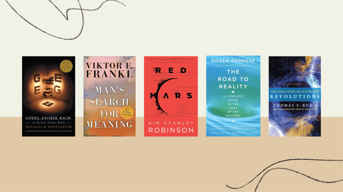 Five books are displayed upright in a row: "Gödel, Escher, Bach," "Man’s Search for Meaning," "Red Mars," "The Road to Reality," and "The Structure of Scientific Revolutions.