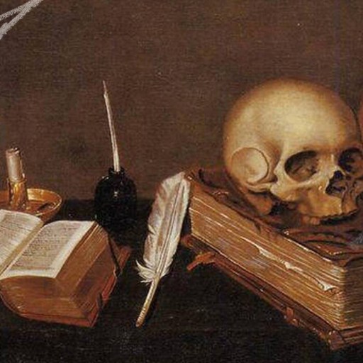 A human skull rests on a closed book beside an inkwell, a quill, a candlestick, and an open book—evoking the timeless allure of books that will change your life on a dimly lit tabletop.