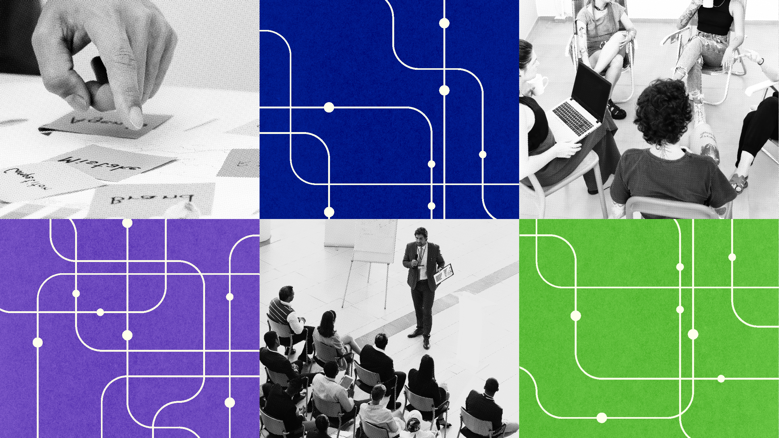 Collage with people in meetings, giving presentations, and arranging cards, interspersed with abstract blue, green, and purple network diagrams—highlighting leadership development.