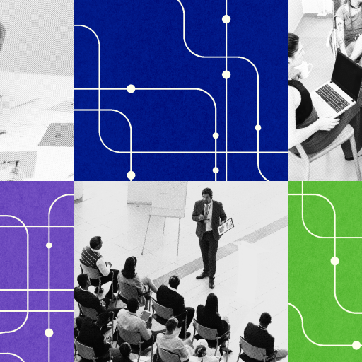 Collage with people in meetings, giving presentations, and arranging cards, interspersed with abstract blue, green, and purple network diagrams—highlighting leadership development.