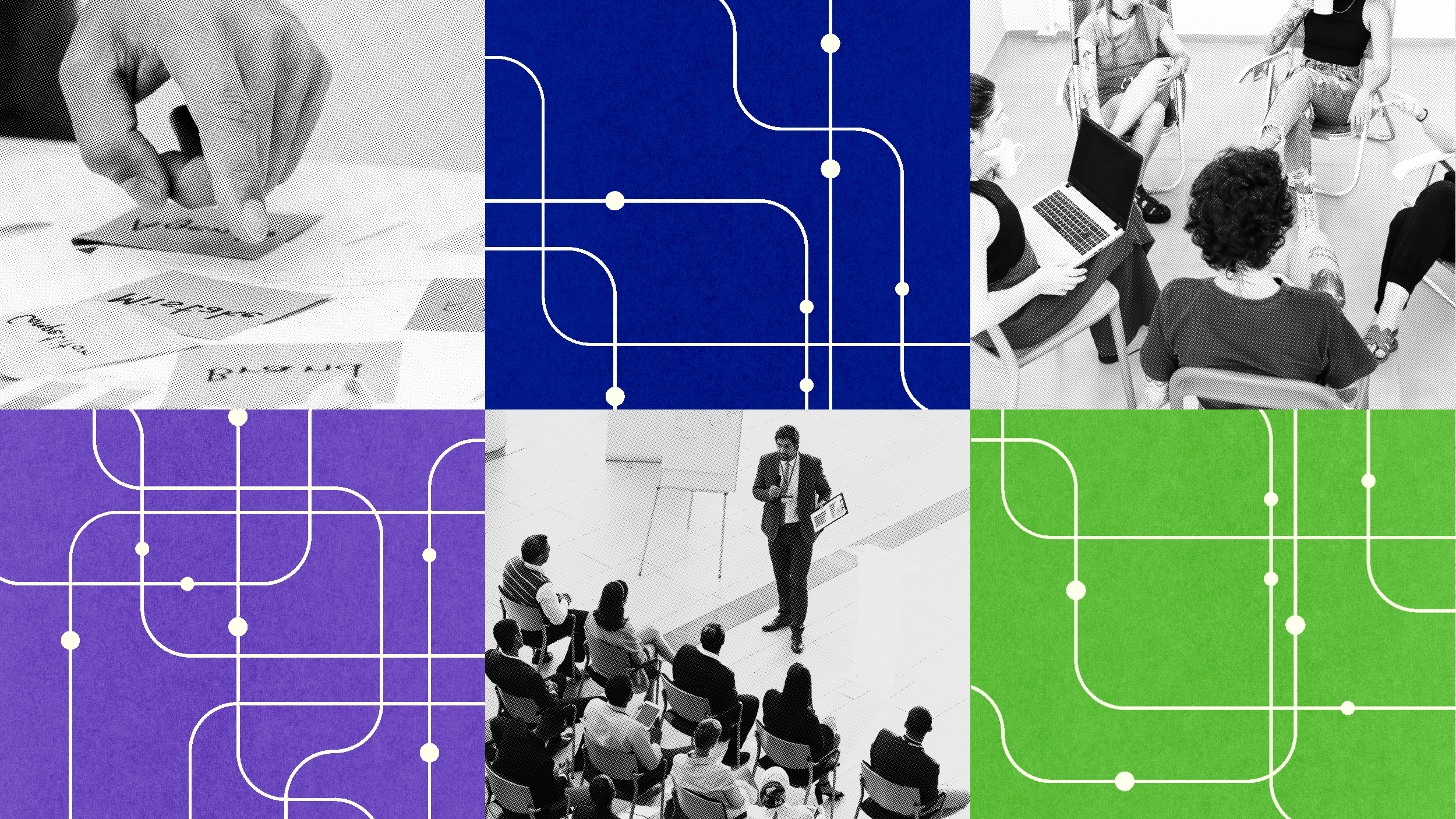 Collage with people in meetings, giving presentations, and arranging cards, interspersed with abstract blue, green, and purple network diagrams—highlighting leadership development.