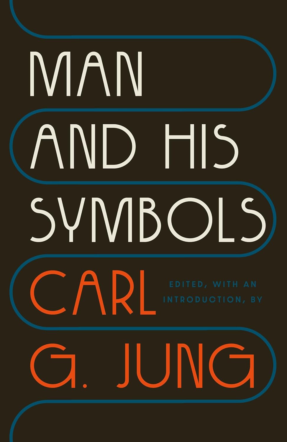 Book cover of "Man and His Symbols" by Carl G. Jung, featuring stylized text on a dark background with blue and orange accents.