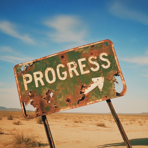 A weathered metal sign reading "PROGRESS" with an arrow stands in a barren desert landscape under a blue sky.